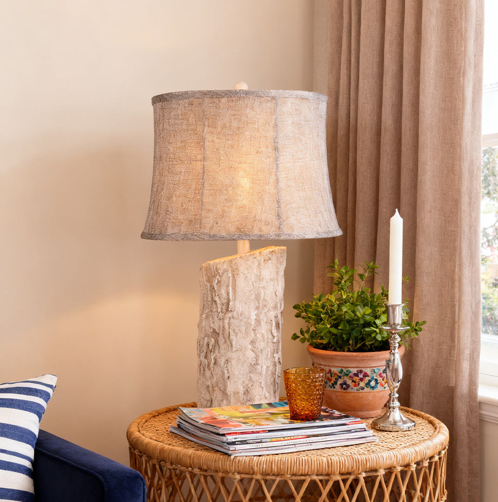 White Wood Table Lamp with Bark Fabric Shade - Ambient Lighting for Home Decor