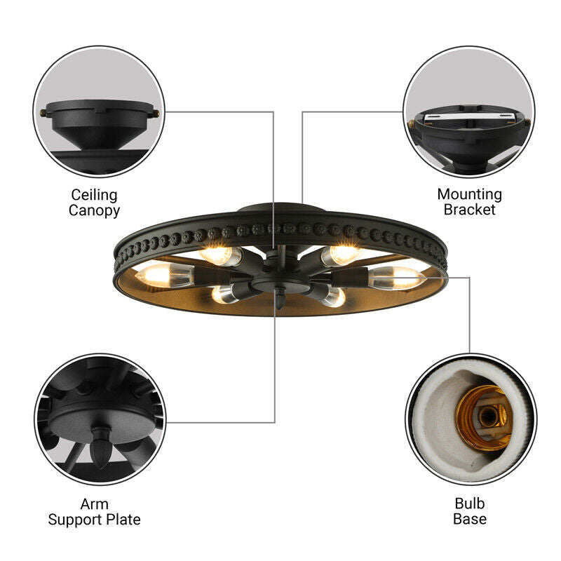 Industrial Wrought Iron 6-Light Flush Mount Ceiling Light