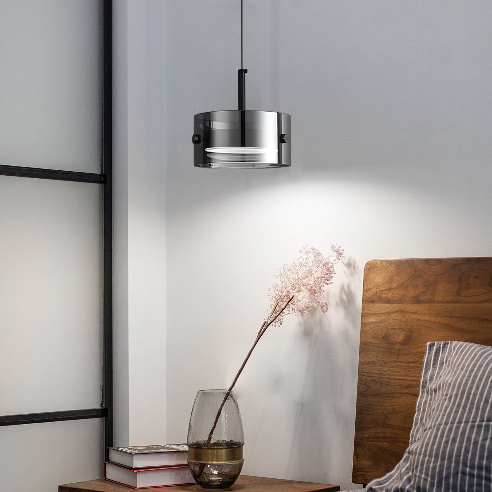 Short Cylinder Glass Pendant Light - 3 Step Dimming LED - Smoke Gray Nordic Design