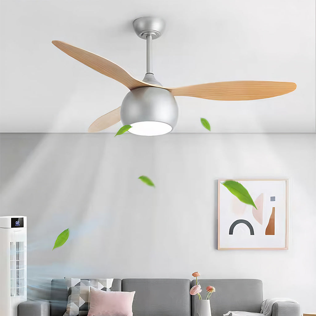 Silver Ceiling Fan with Light Wood Grain LED Light