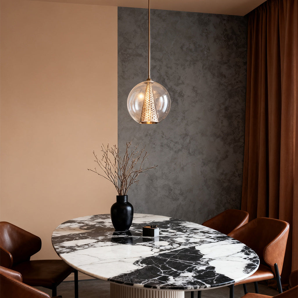 Glass Ball Pendant Light - Perforated Metal Cone Ceiling Fixture, Chic Modern Lighting