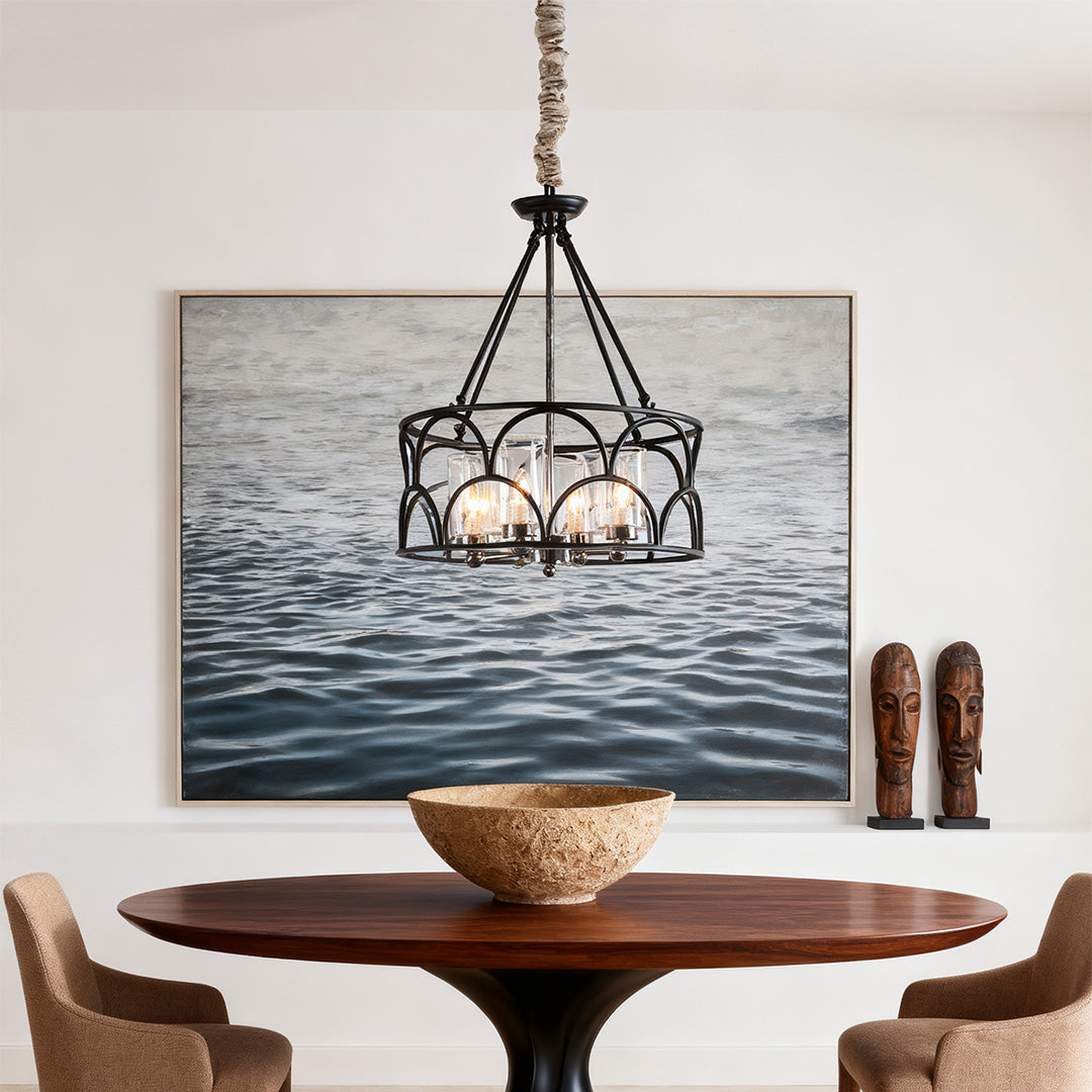 Vintage Black Metal Glass Chandelier Ceiling Light