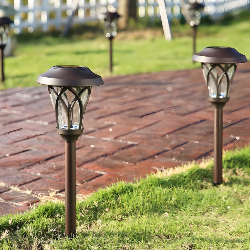 Solar Glass & Metal Stake Lawn Lights - Retro Modern Waterproof LED Garden Lighting