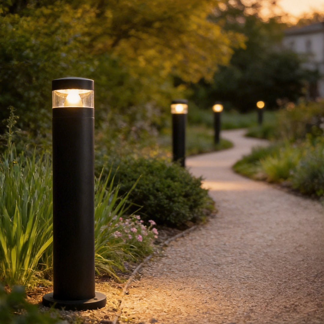 Solar Powered LED Bollard Light - Black Waterproof Landscape Lighting