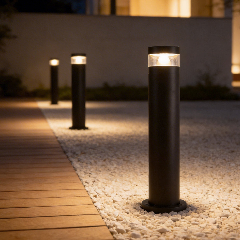 Solar Powered LED Bollard Light - Black Waterproof Landscape Lighting