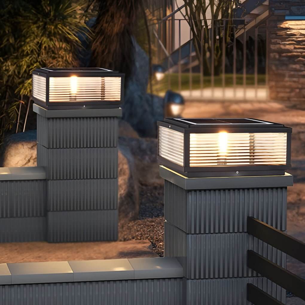 Square Ribbed Glass Metal Outdoor Light - Modern Pillar Fixture
