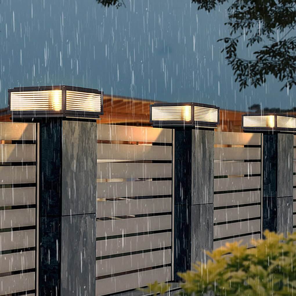 Square Ribbed Glass Metal Outdoor Light - Modern Pillar Fixture