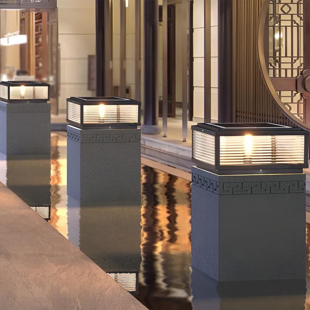 Square Ribbed Glass Metal Outdoor Light - Modern Pillar Fixture