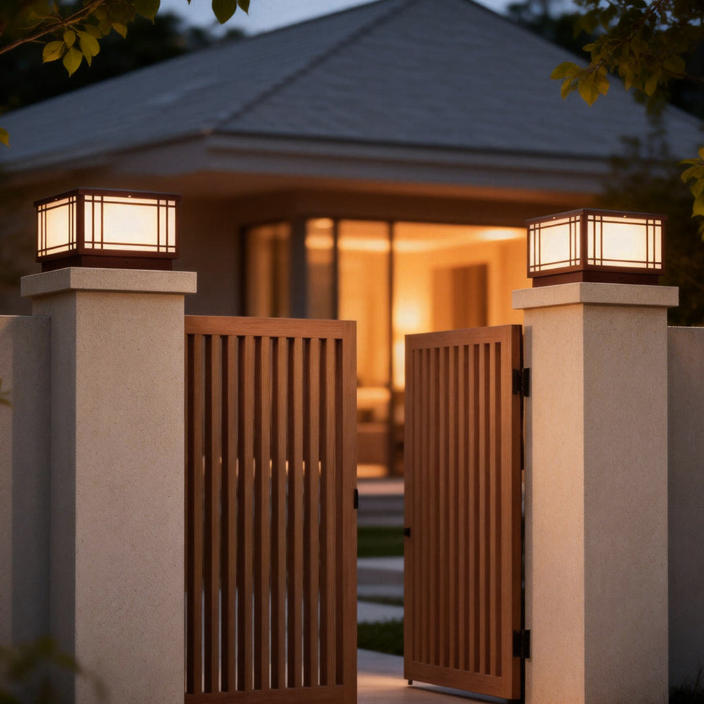 Square Vintage LED Pillar Light Waterproof Grille Outdoor Lighting