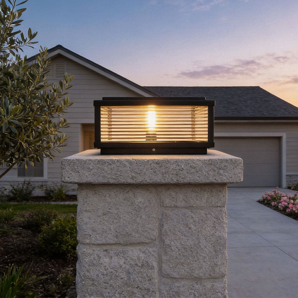 Square Ribbed Glass Metal Outdoor Light - Modern Pillar Fixture