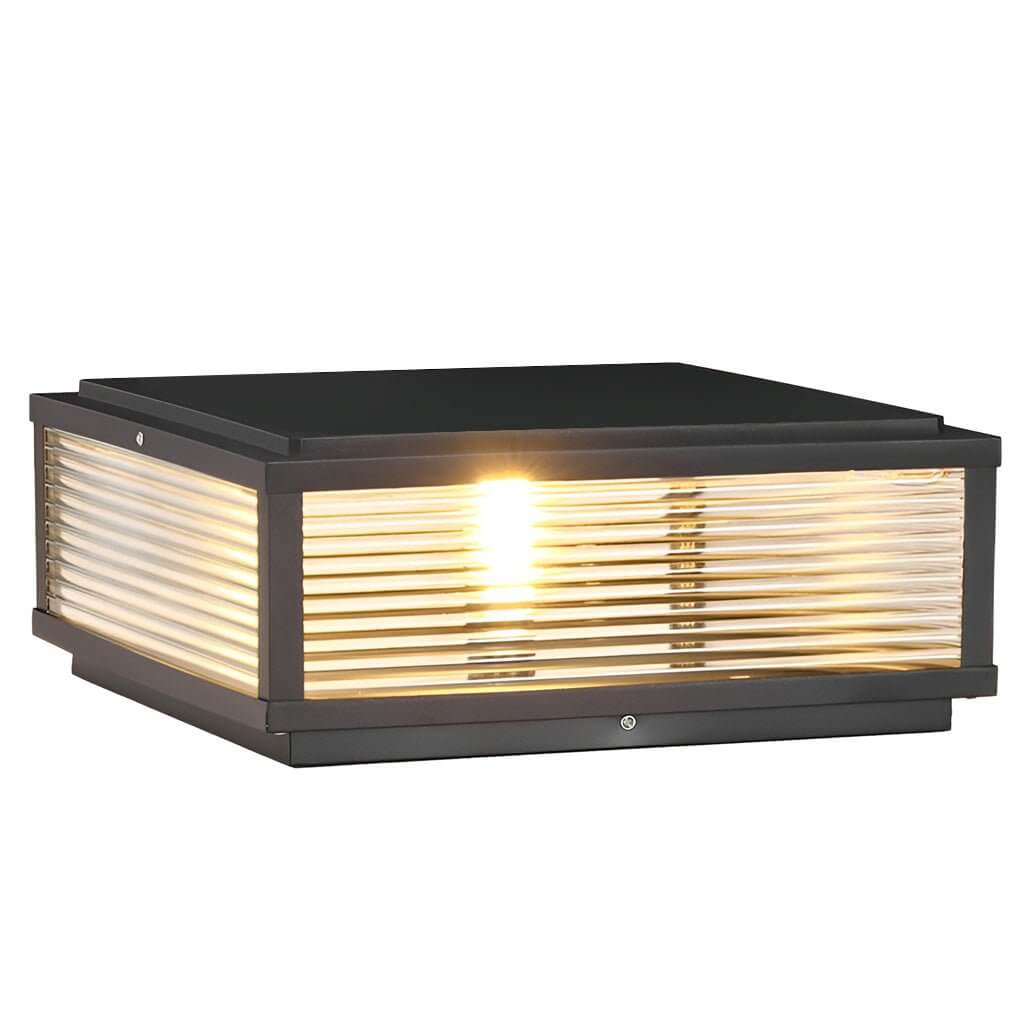 Square Ribbed Glass Metal Outdoor Light - Modern Pillar Fixture