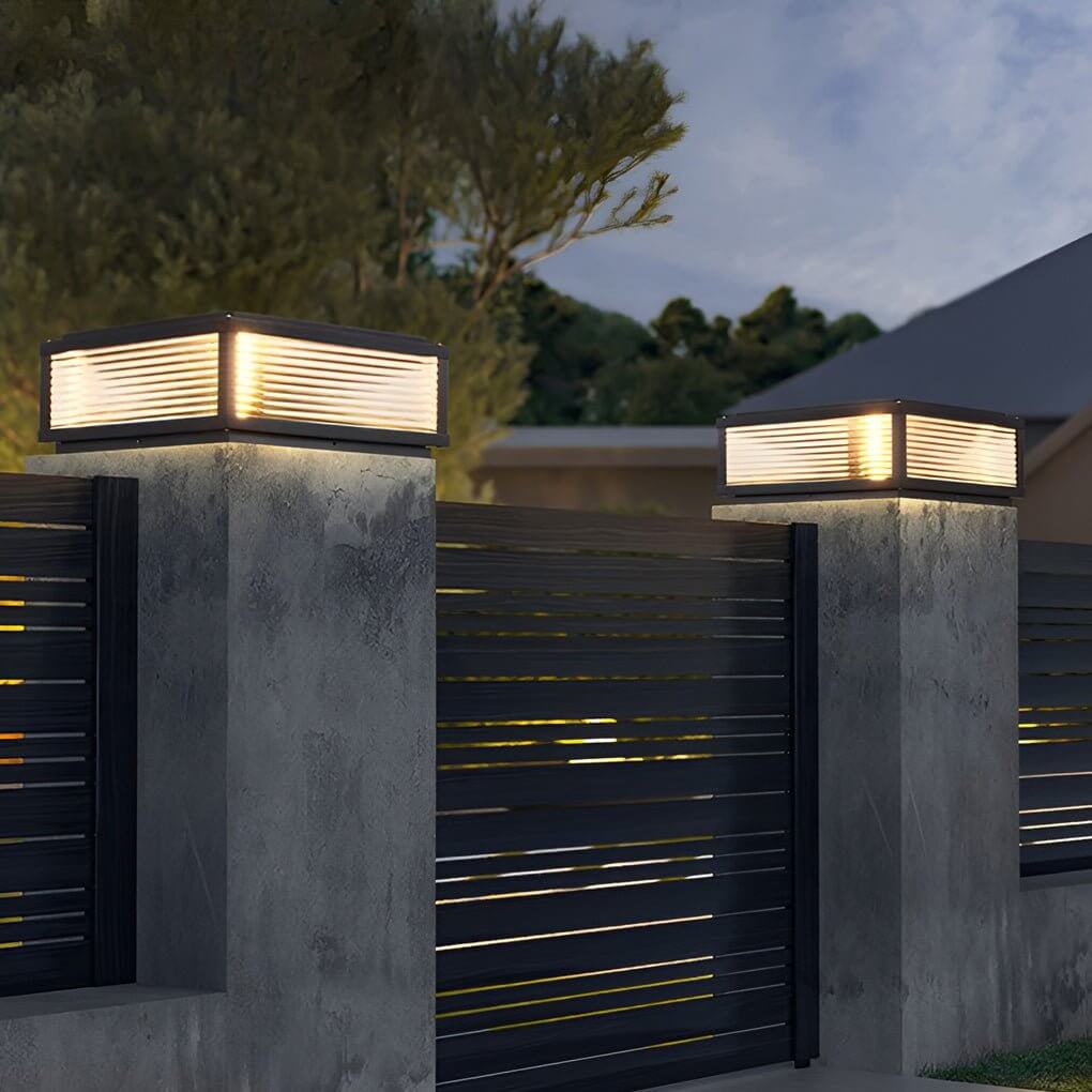 Square Ribbed Glass Metal Outdoor Light - Modern Pillar Fixture