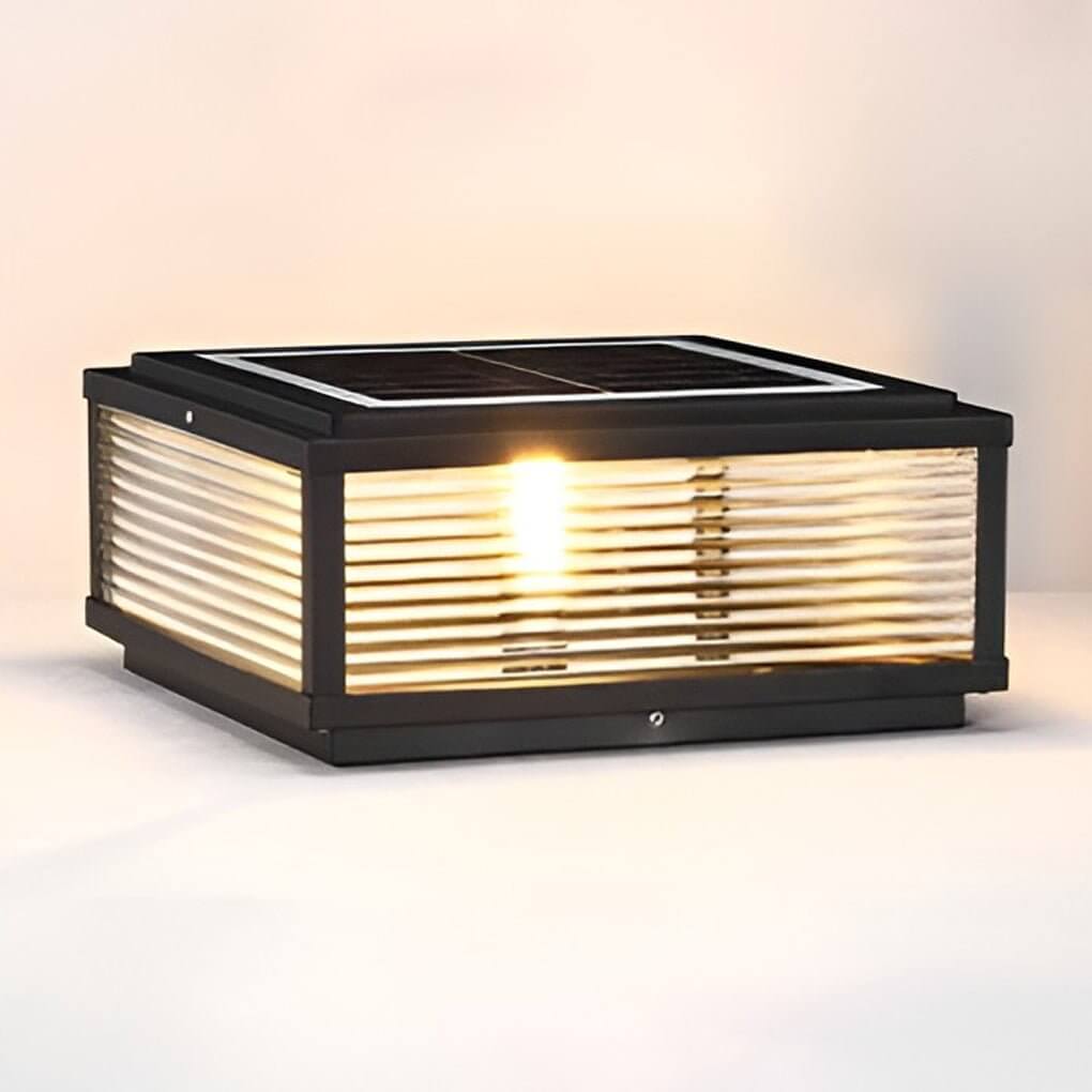 Square Ribbed Glass Metal Outdoor Light - Modern Pillar Fixture