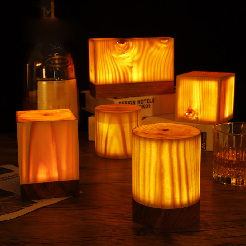 Square LED Wood Grain Lamp - Modern Decorative Cube Light for Home