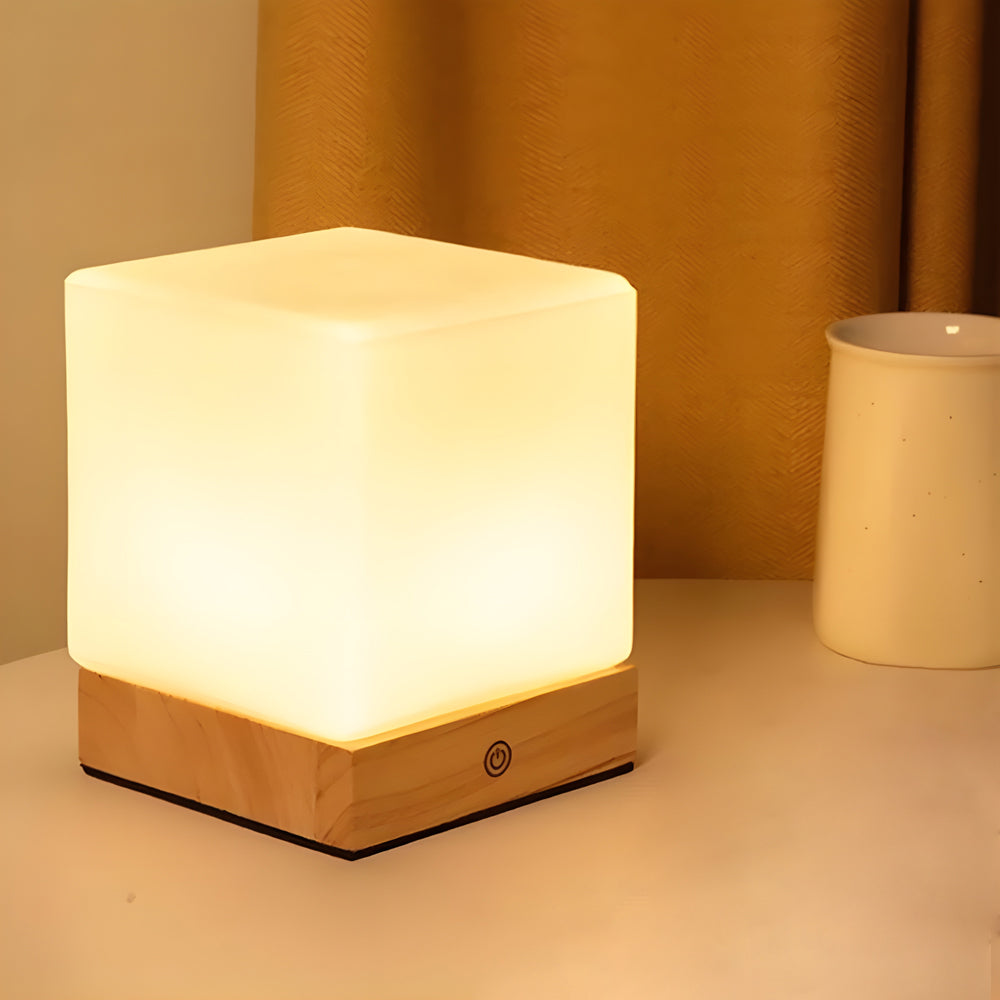 Square Wood Mini Cube LED Ambient Table Lamp - Modern Home Lighting, Stylish Night Light, Decorative Desk Lamp, Energy-Efficient Design.