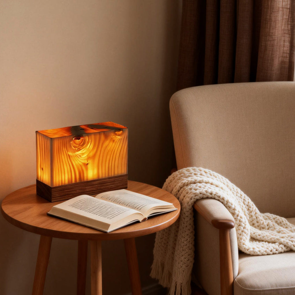 Square LED Wood Grain Lamp - Modern Decorative Cube Light for Home
