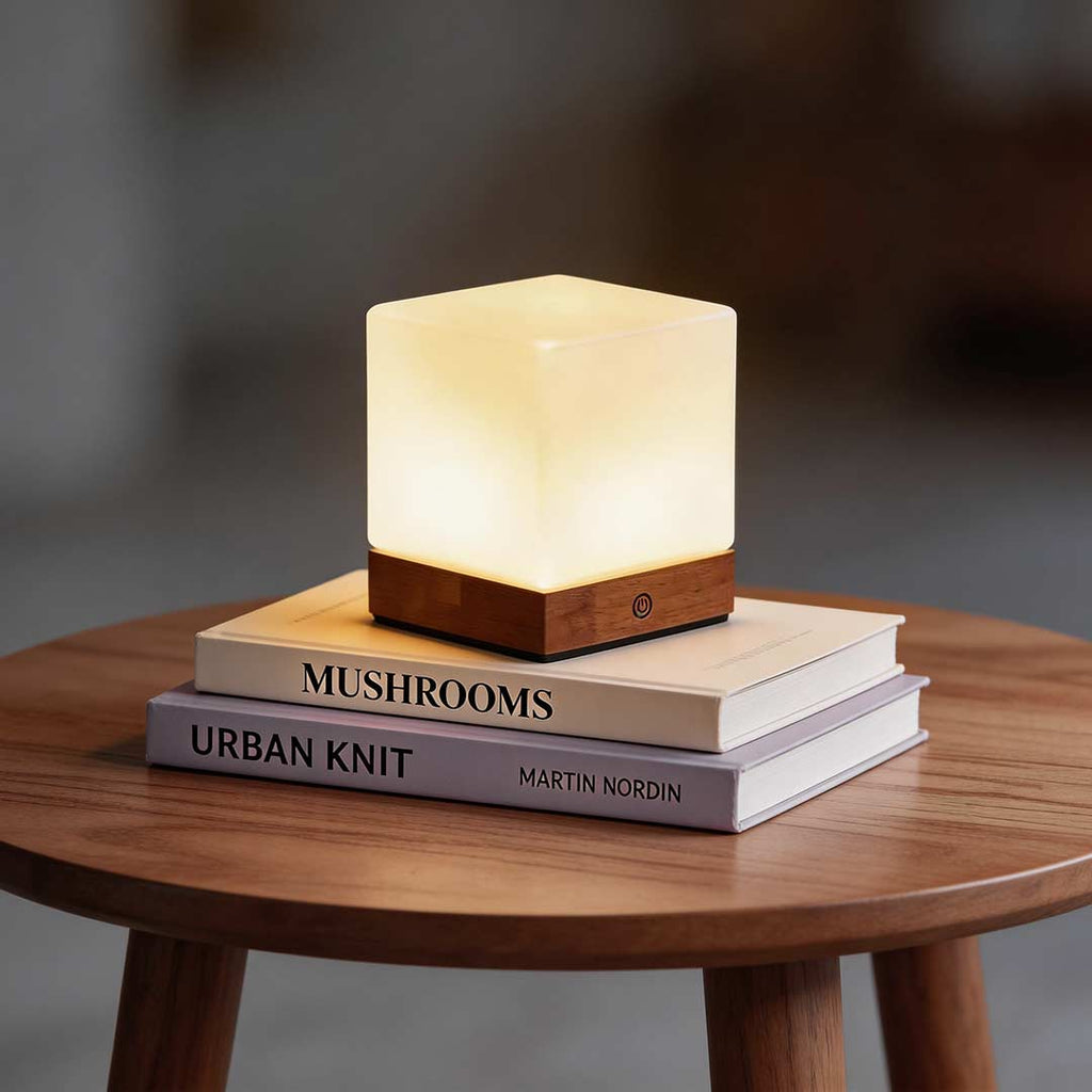 Square Wood Mini Cube LED Ambient Table Lamp - Modern Home Lighting, Stylish Night Light, Decorative Desk Lamp, Energy-Efficient Design.