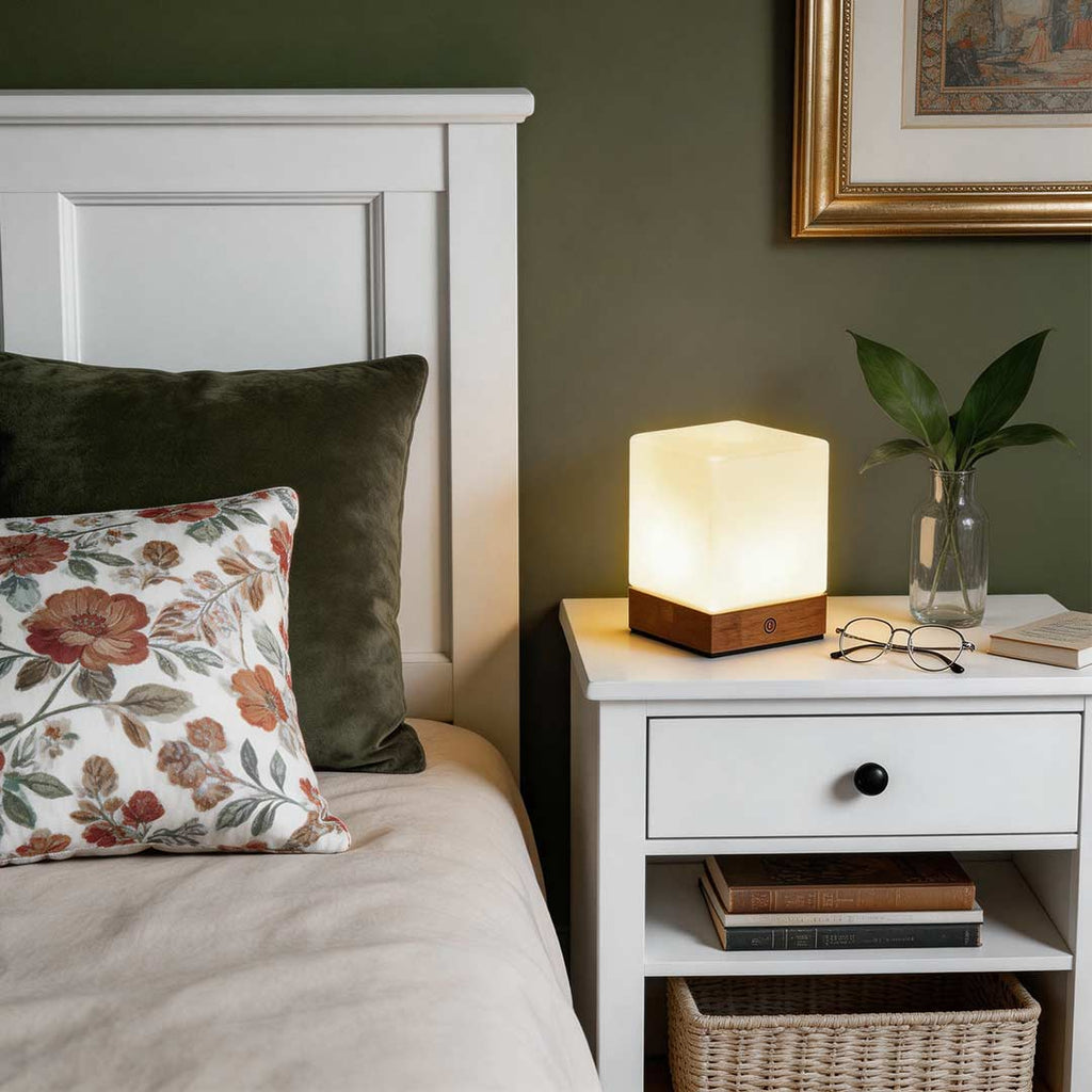 Square Wood Mini Cube LED Ambient Table Lamp - Modern Home Lighting, Stylish Night Light, Decorative Desk Lamp, Energy-Efficient Design.