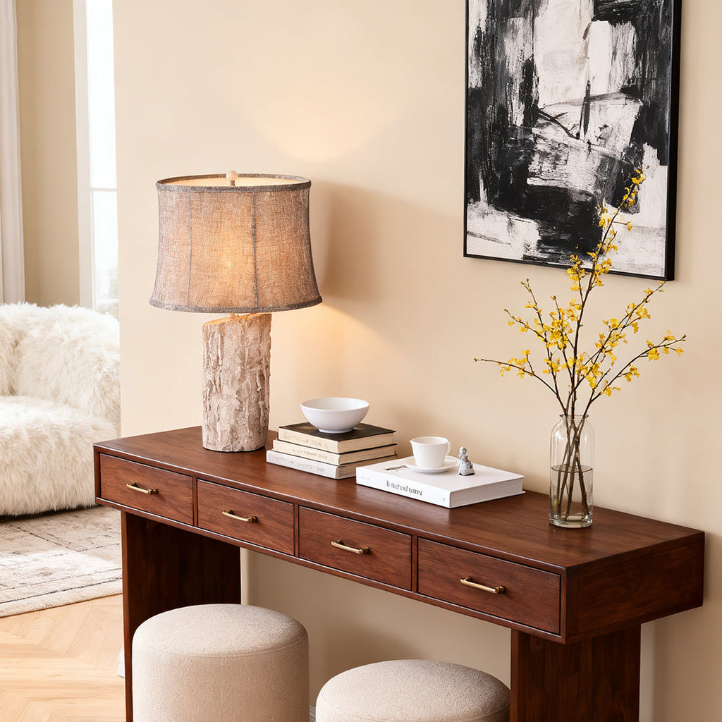 White Wood Table Lamp with Bark Fabric Shade - Ambient Lighting for Home Decor