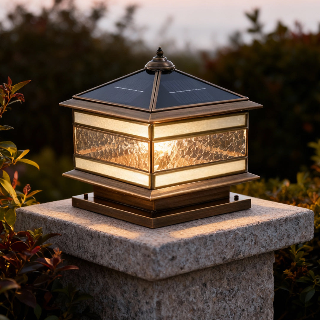 Stone Pillar Solar Lights - Retro Copper Waterproof Post Light