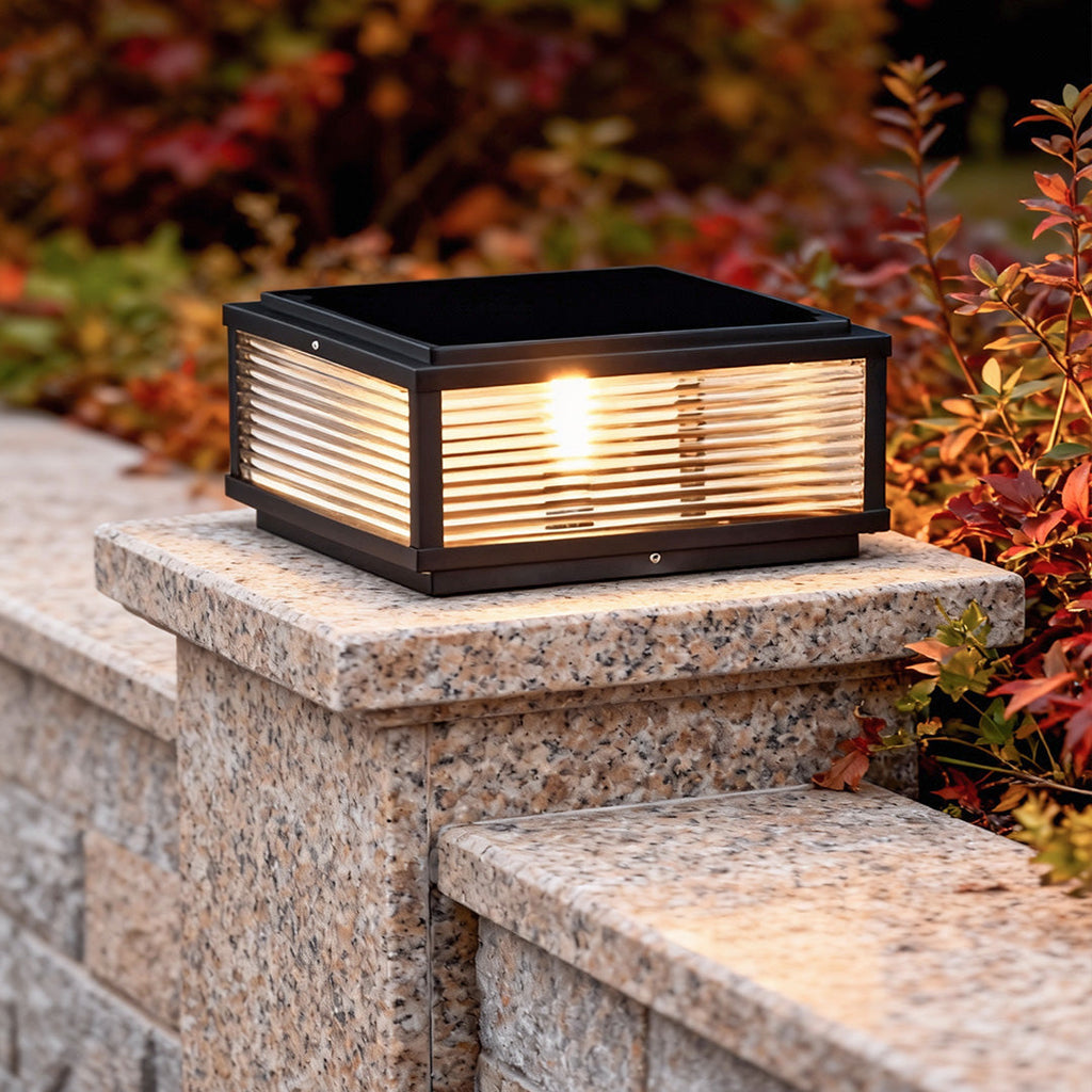 Square Ribbed Glass Metal Outdoor Light - Modern Pillar Fixture