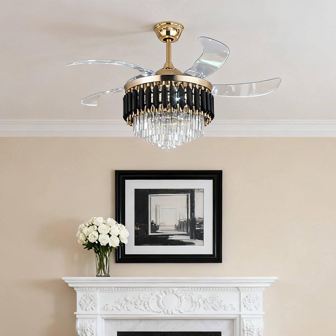 Black Ceiling Fan with Light - Luxury Transparent PC Blades, Iron Frame