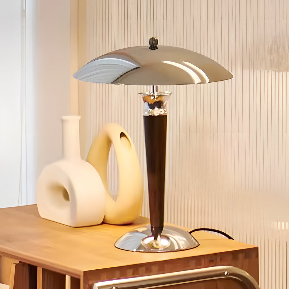 Chrome Mushroom Lamp with Retro Umbrella Design – Wooden Rod Accent Lighting