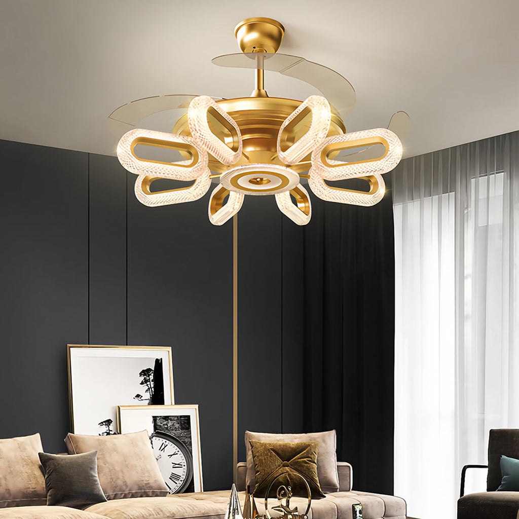 Gold Ceiling Fan with LED Light - Iron Brightness Fixture for Home Decor