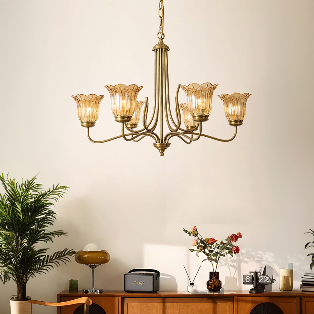 Vintage Gold Glass Chandelier - Copper Ceiling Light Fixture