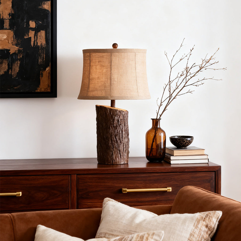 Faux Wood Table Lamp with Bark-Textured Fabric Shade - Rustic Nightstand Lighting