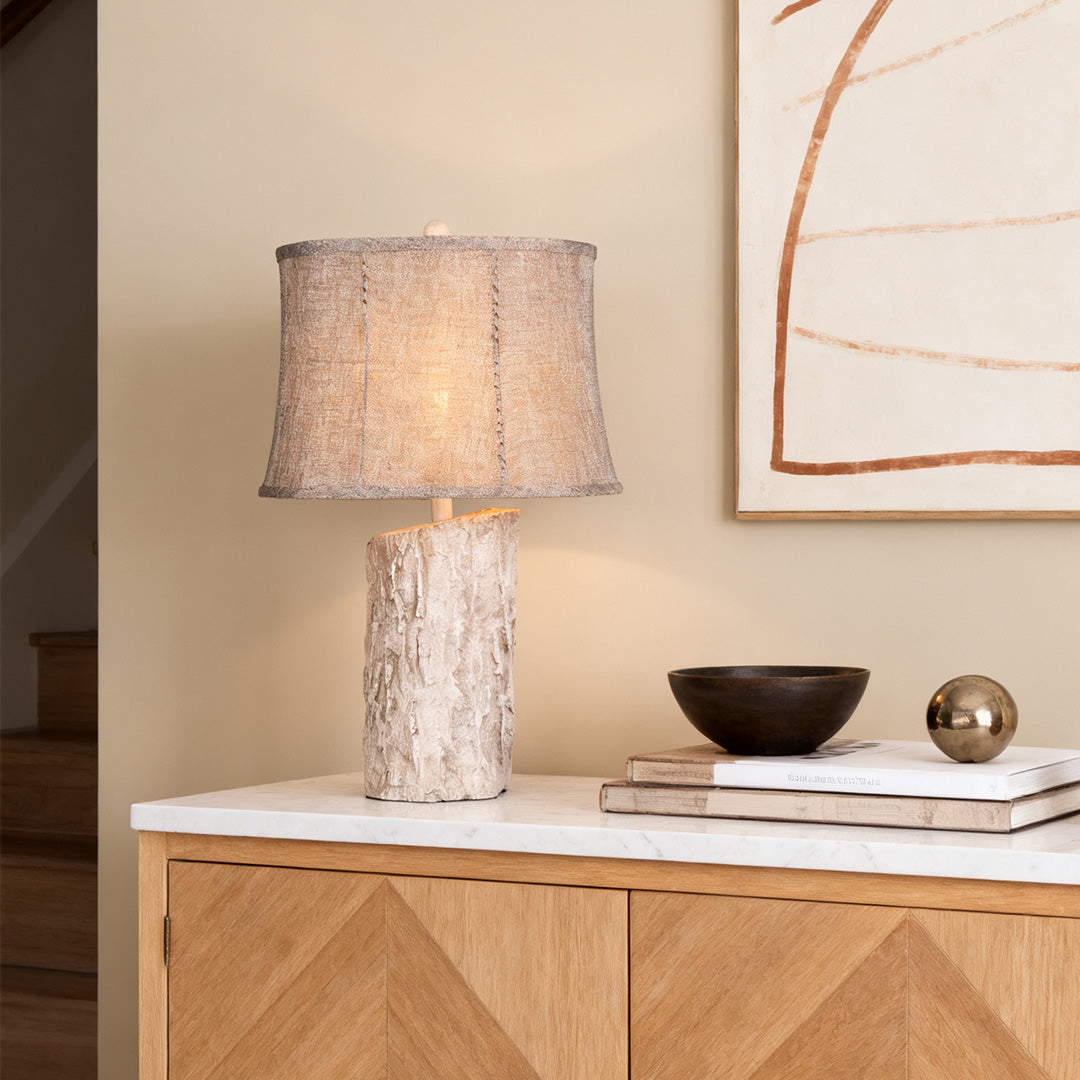 White Wood Table Lamp with Bark Fabric Shade - Ambient Lighting for Home Decor