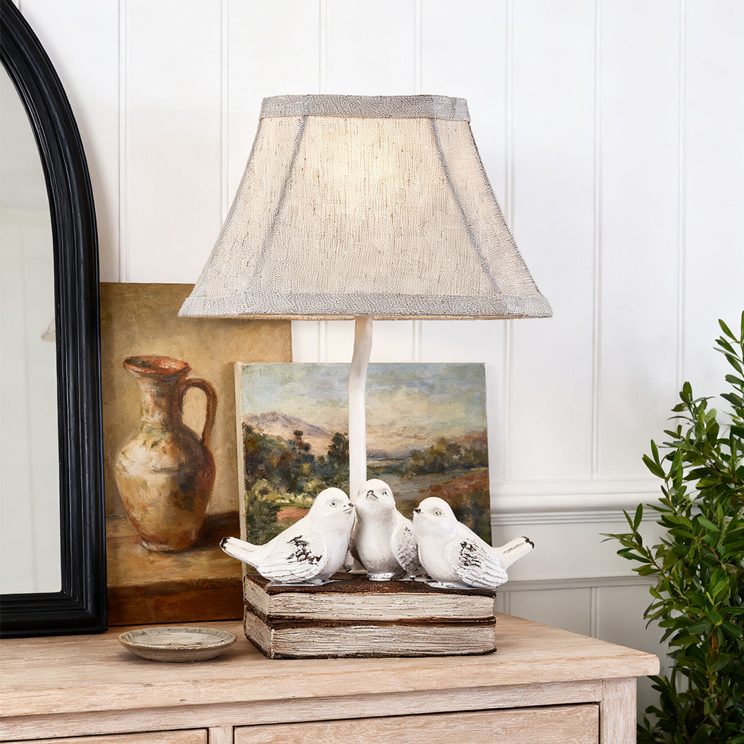Small Bird Table Lamp - French Design with Stacked Books Fabric Shade