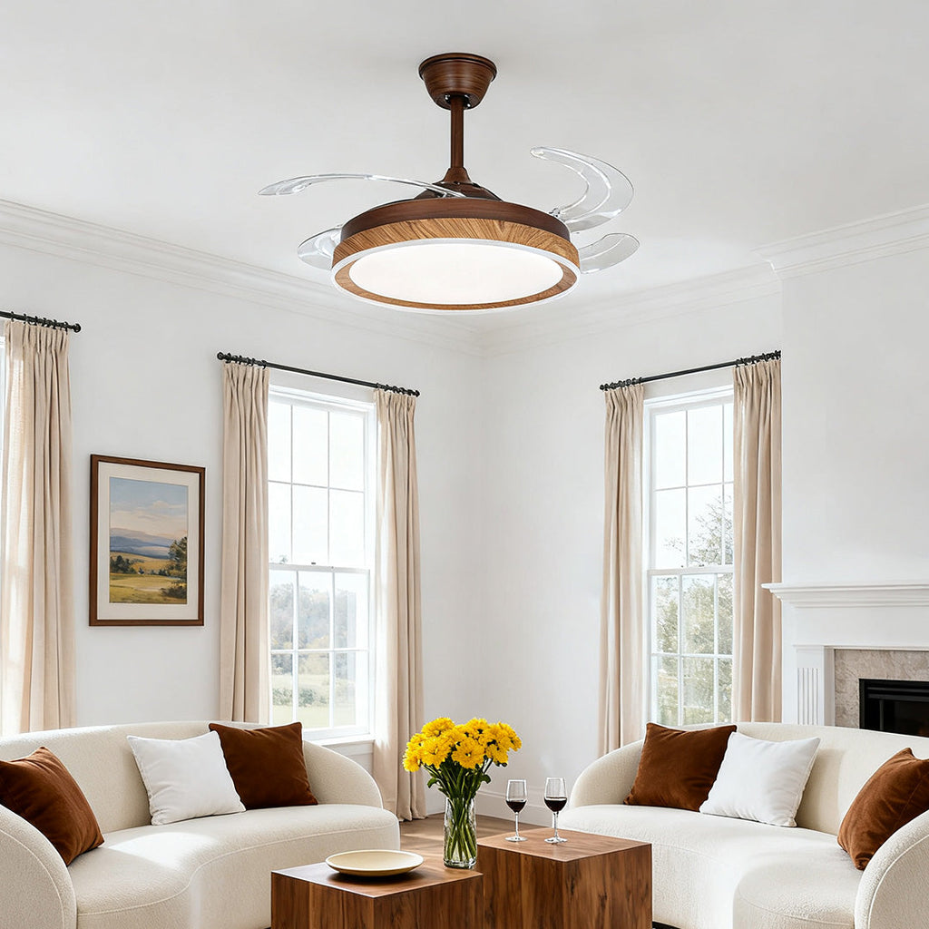 Ceiling Fan with 4 Lights - Walnut Wood Grain, Iron Body, Silent Operation