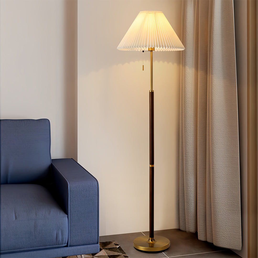 Floor Wood Lamp with Pleated Fabric Shade – Stylish Standing Lamp for Home Decor