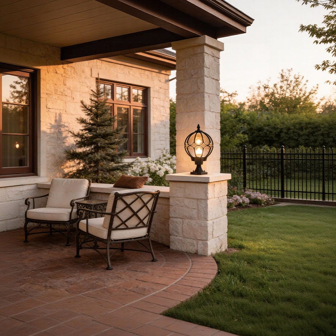 Outdoor Retro Glass Globe Copper Pillar Light