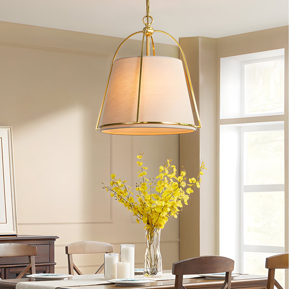Trapezoid Gold Pendant Light with White Fabric Shade - 13.8’’ Wide Modern Ceiling Fixture