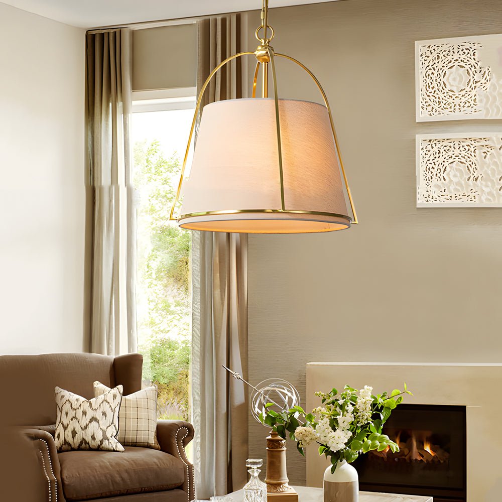 Trapezoid Gold Pendant Light with White Fabric Shade - 13.8’’ Wide Modern Ceiling Fixture