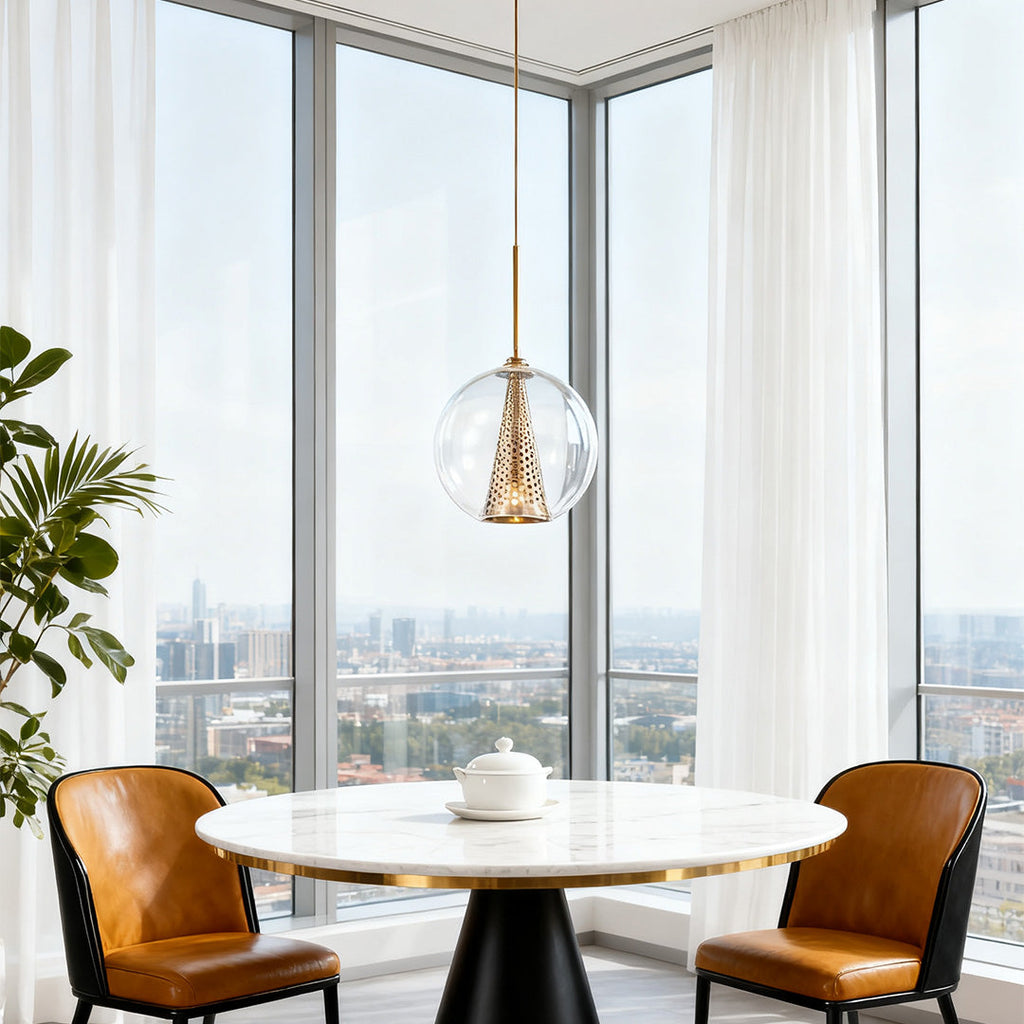 Glass Ball Pendant Light - Perforated Metal Cone Ceiling Fixture, Chic Modern Lighting
