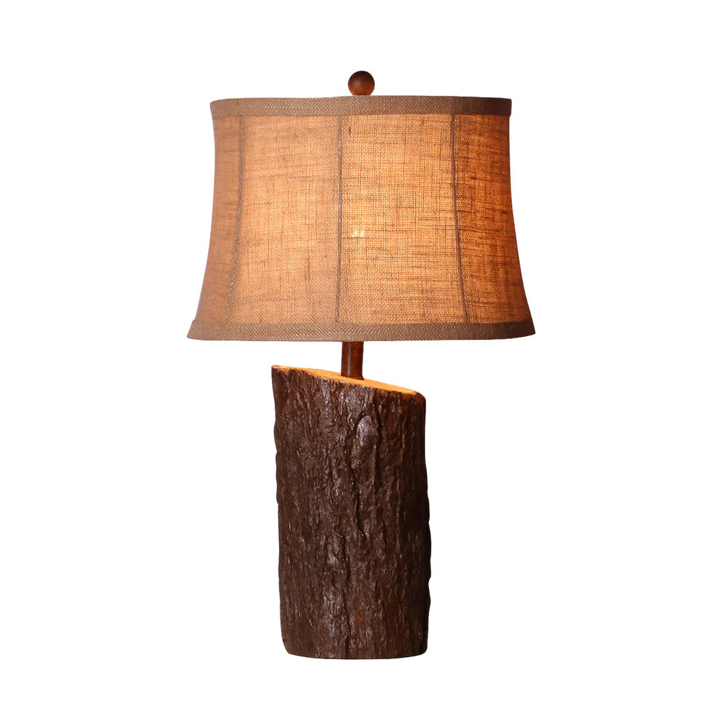 Faux Wood Table Lamp with Bark-Textured Fabric Shade - Rustic Nightstand Lighting