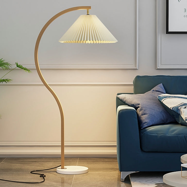 Modern Minimalist Pleated Fabric & Curved Iron 1-Light Floor Lamp for Living Room
