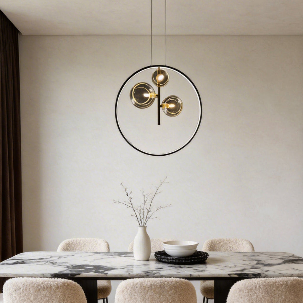 Vertical Ring Pendant Light - Black Bubble Glass LED Fixture