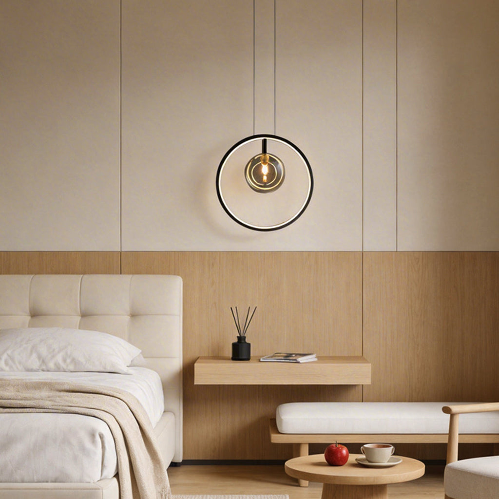 Vertical Ring Pendant Light - Black Bubble Glass LED Fixture