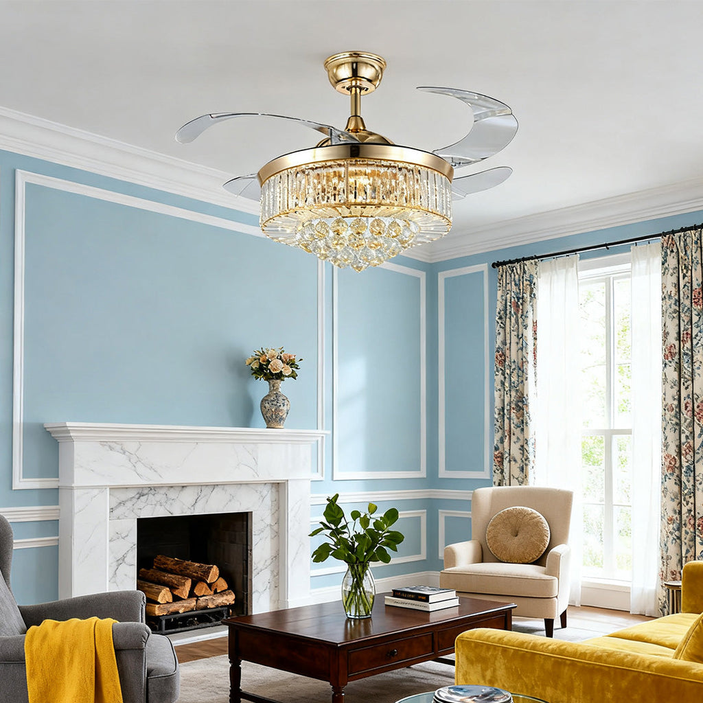 European Style Gold Crystal Ceiling Fan with Lights Luxury Iron Design