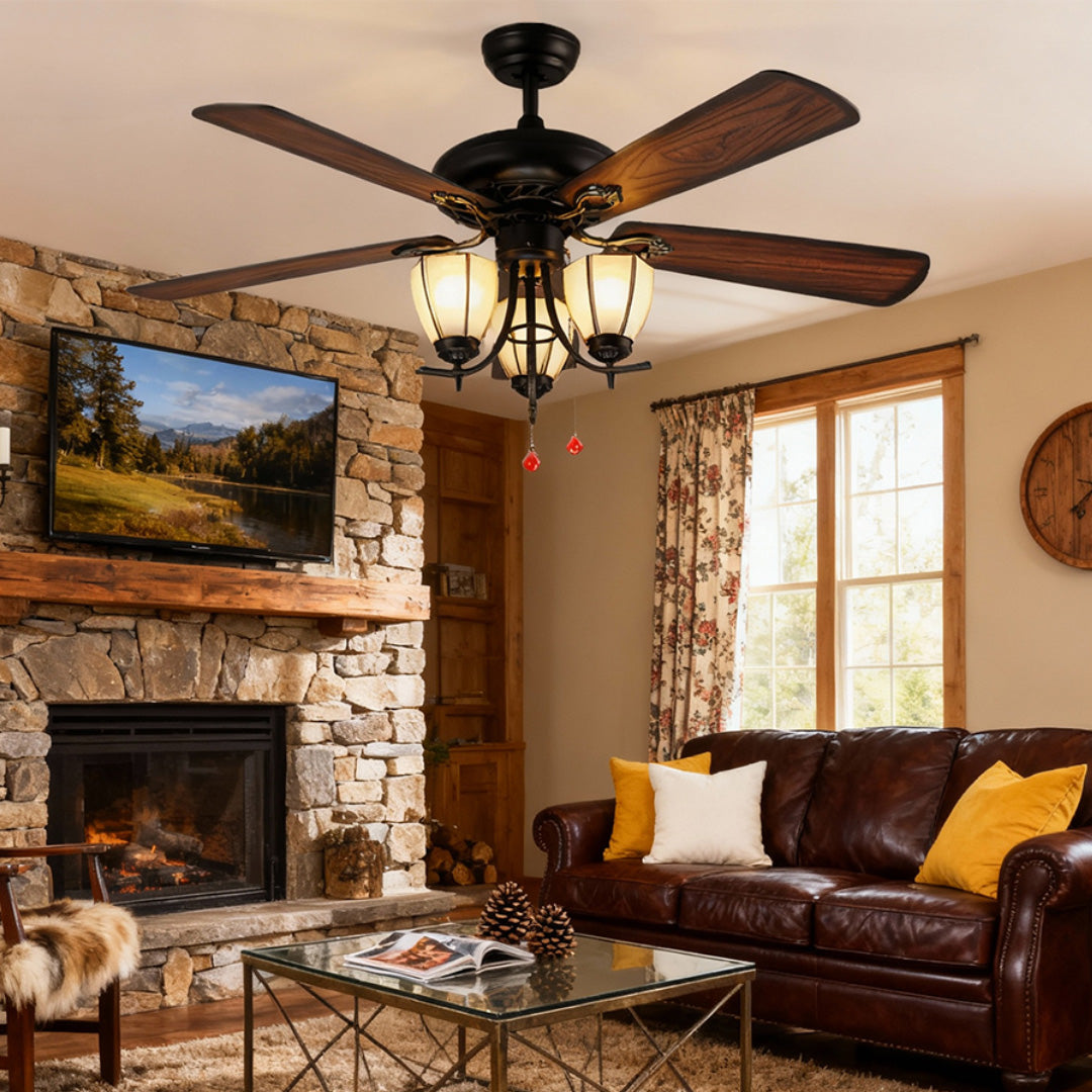 Vintage Wood Grain Ceiling Fan with Lights - Dark Finish Lamp