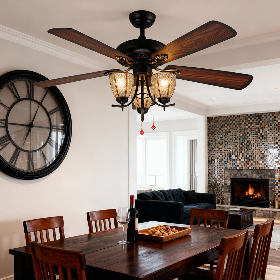Vintage Wood Grain Ceiling Fan with Lights - Dark Finish Lamp