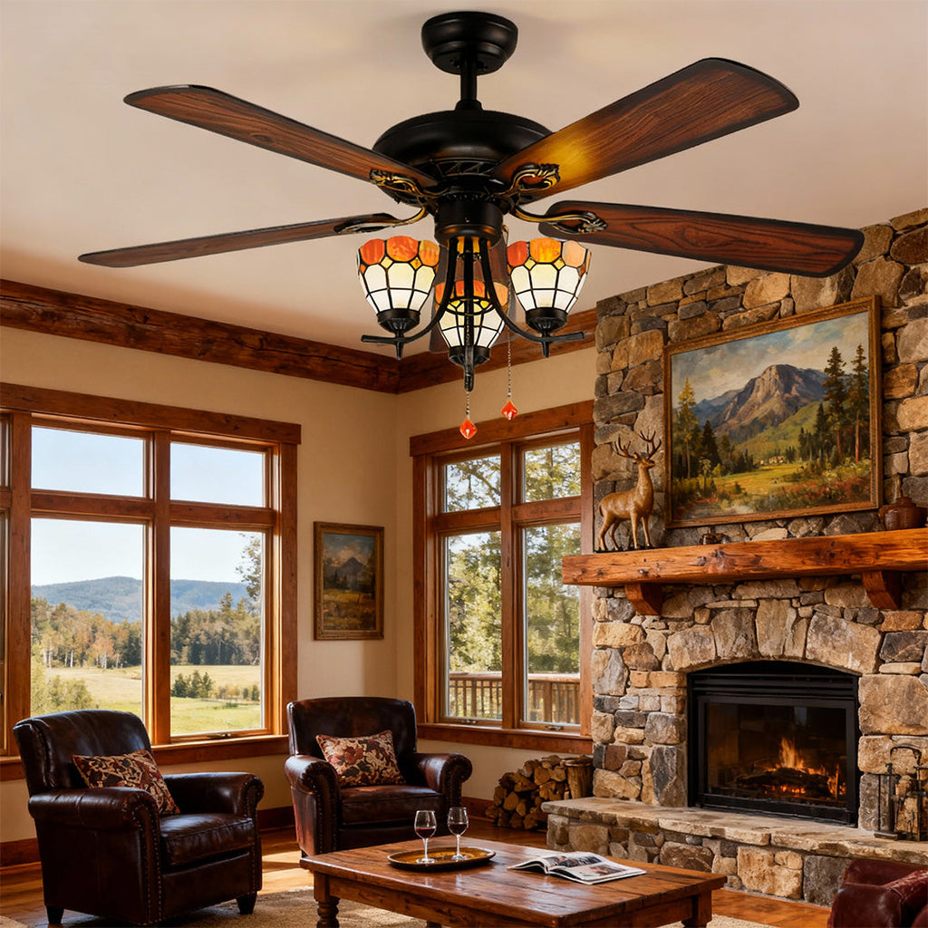 Vintage Wood Grain Ceiling Fan with Lights - Dark Finish Lamp