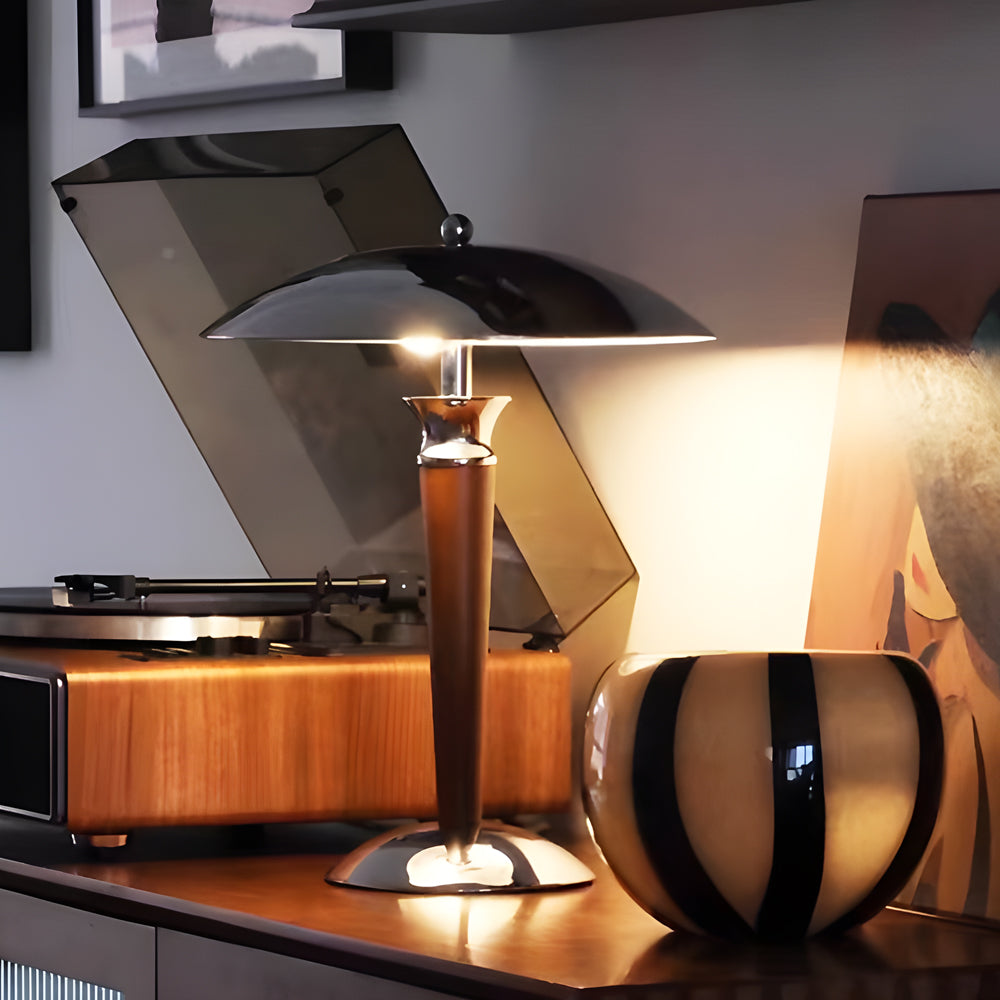 Chrome Mushroom Lamp with Retro Umbrella Design – Wooden Rod Accent Lighting