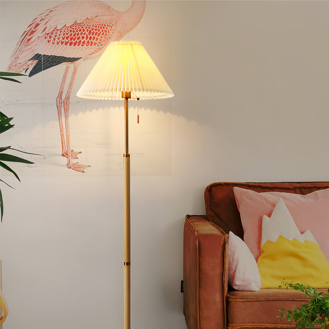 Floor Wood Lamp with Pleated Fabric Shade – Stylish Standing Lamp for Home Decor