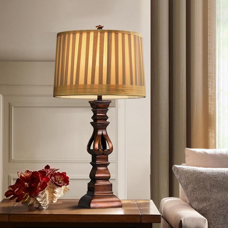 Vintage Wood Table Lamp with Striped Drum Shade - LED Light Accent