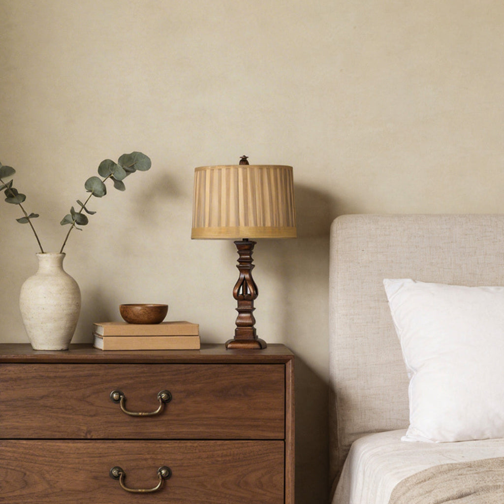 Vintage Wood Table Lamp with Striped Drum Shade - LED Light Accent